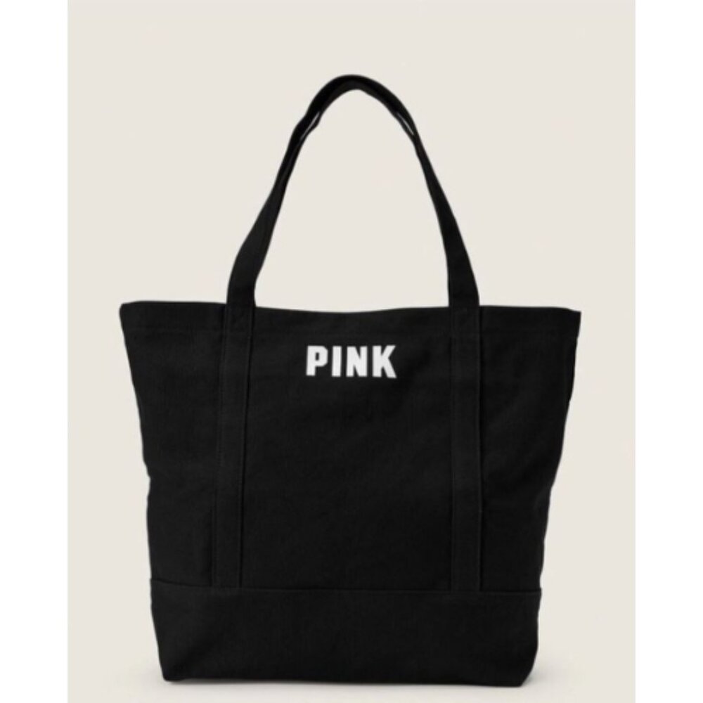 Victoria's Secret PINK Canvas Tote Bag Pure Black 18 W x 14 L x 5.5 D NWT - Picture 1 of 4